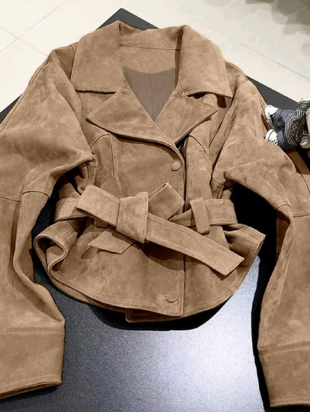 New Fashionable Khaki Suede Lapel Tie-Waist Women Jacket Coat